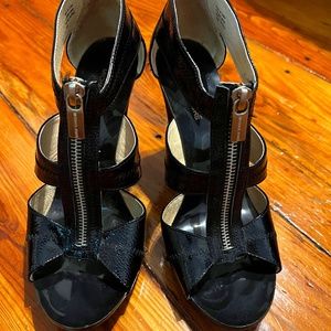 Michael Kors Zipper Patent Leather Black Berkley T-Strap Heels